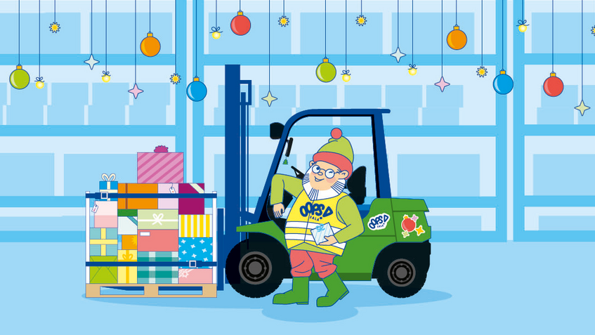 Illustration von Wichtel Oopsala vor einem Gabelstapler mit einer Palette Geschenke Illustration von Wichtel Oopsala vor einem Gabelstapler mit einer Palette Geschenke