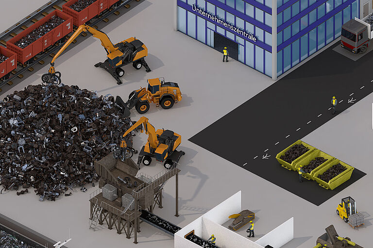 Einstiegsbild in das Tool: zu sehen ist die Illustration eines Schrottplatzes von oben