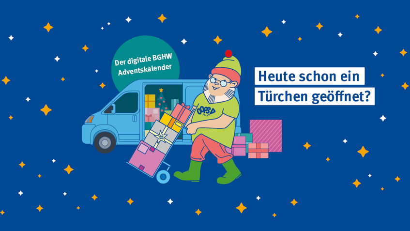 Zeichnung. Mann mit Bart und Nikolausmütze steht mit Sackkarre vor Transporter. Der Transporter beinhaltet Weihnachtsgeschenke.