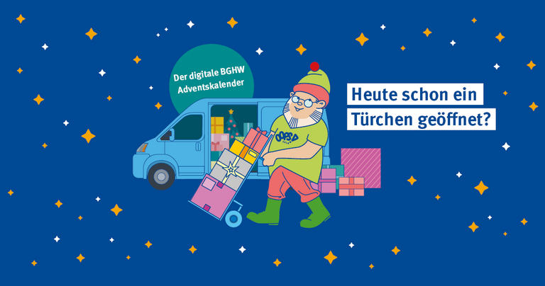 Zeichnung. Mann mit Bart und Nikolausmütze steht mit Sackkarre vor Transporter. Der Transporter beinhaltet Weihnachtsgeschenke.