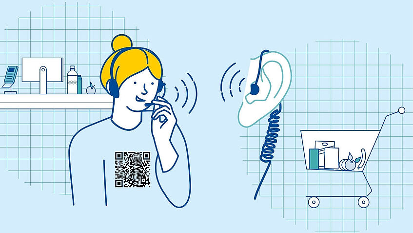 Illustration mit Frau, die ein Headset trägt und ein QR-Code Illustration mit Frau, die ein Headset trägt und ein QR-Code